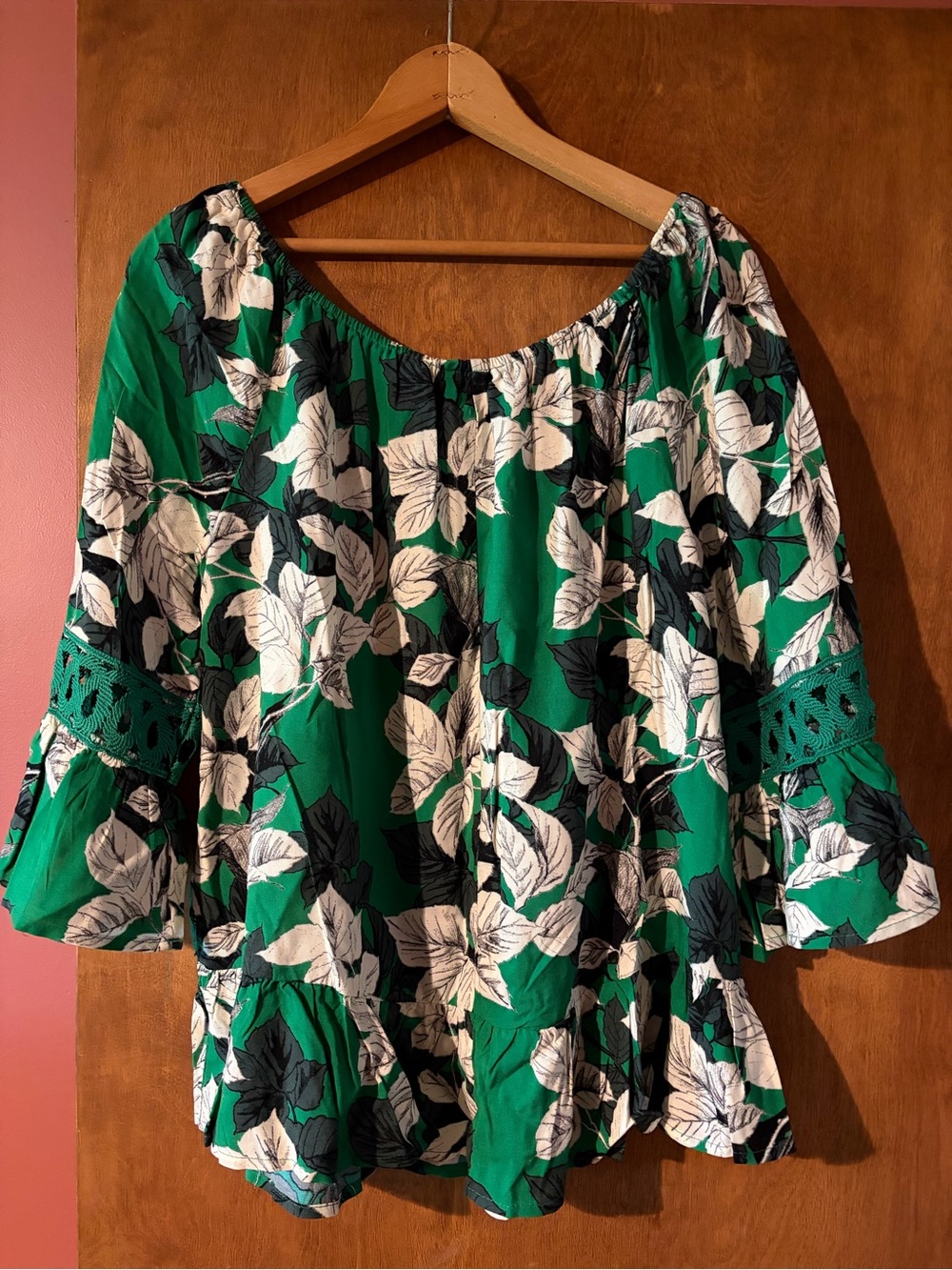 Green Floral Peasant Top with Eyelet Sleeve Detail